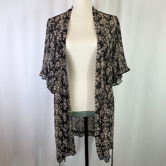 Forever 21 Robe Size S Baroque Pattern Black Tan Ribbon Ruffle Hem Elbow Sleeves - Picture 4 of 10